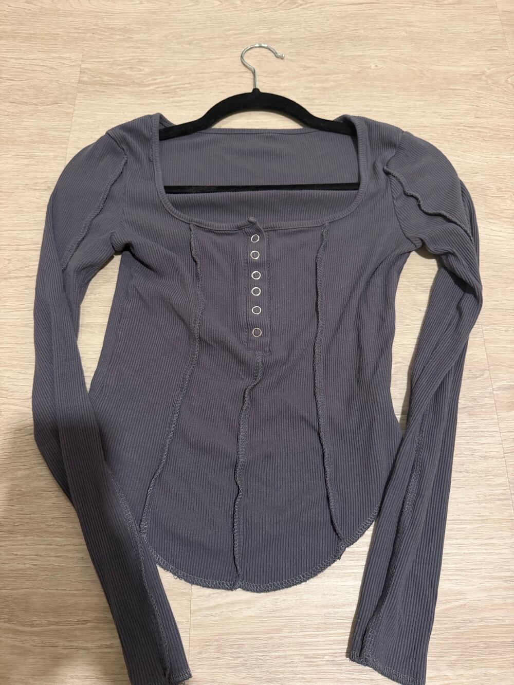 Y2K Gray Ribbed Long Sleeve Square Neck Top